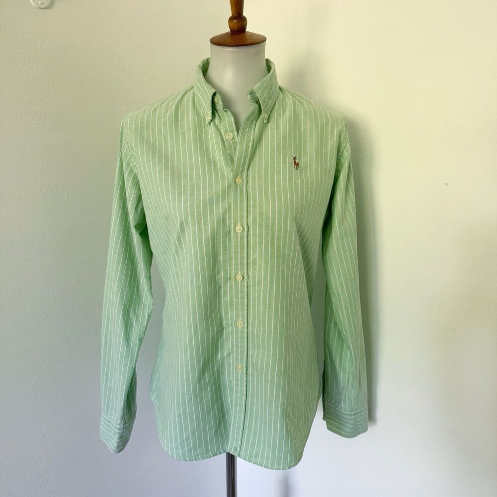Womens Ralph Lauren Slim Fit Green Striped Flesh Pony Long Sleeve Shirt Size 12 - Picture 2 of 15
